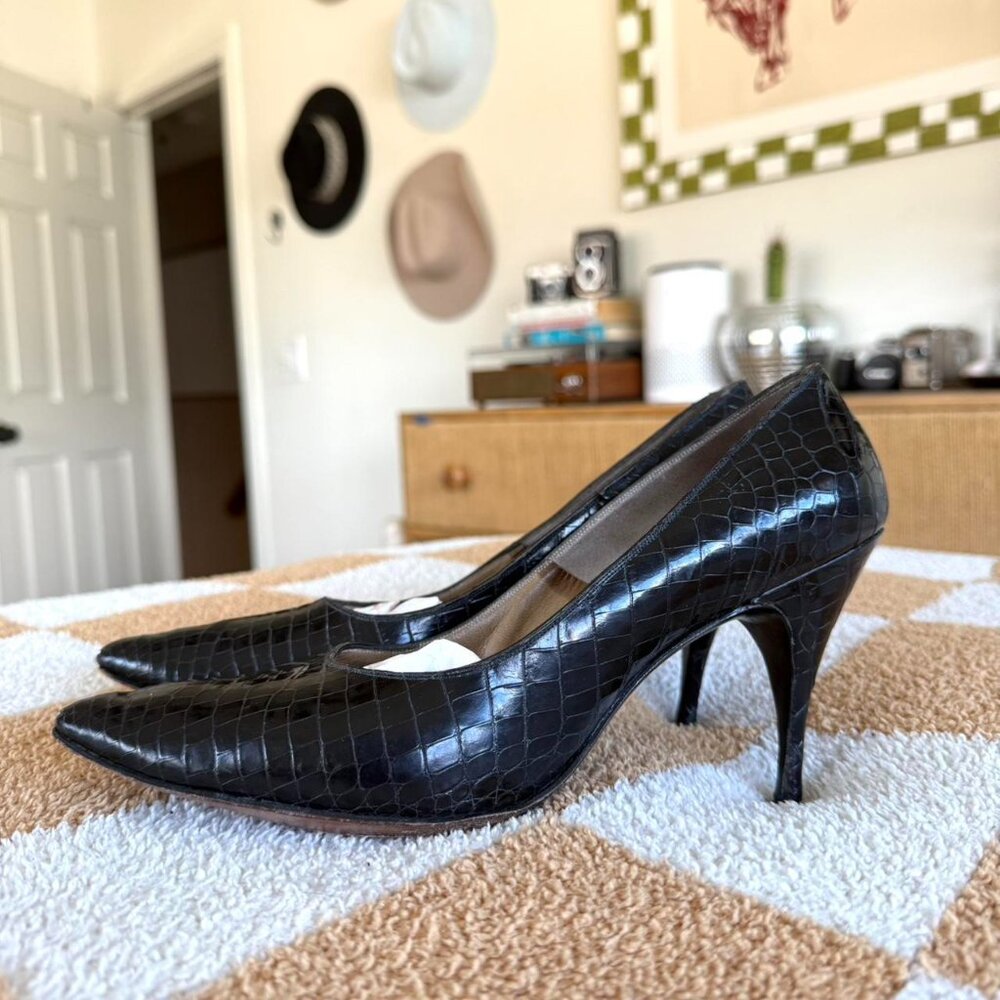 ERICA BULLOCKS PASADENA BLACK POINTED TOE HEELS PUMPS LEATHER WOMENS 7.5